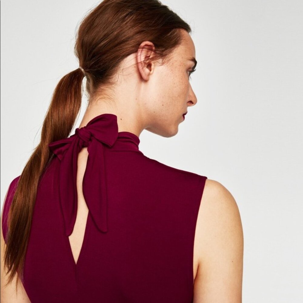 NWT Zara Burgundy XS S Plum Bow Neck Tie Bow Jersey Fit Flare Flowy A-Line Midi - Picture 16 of 17